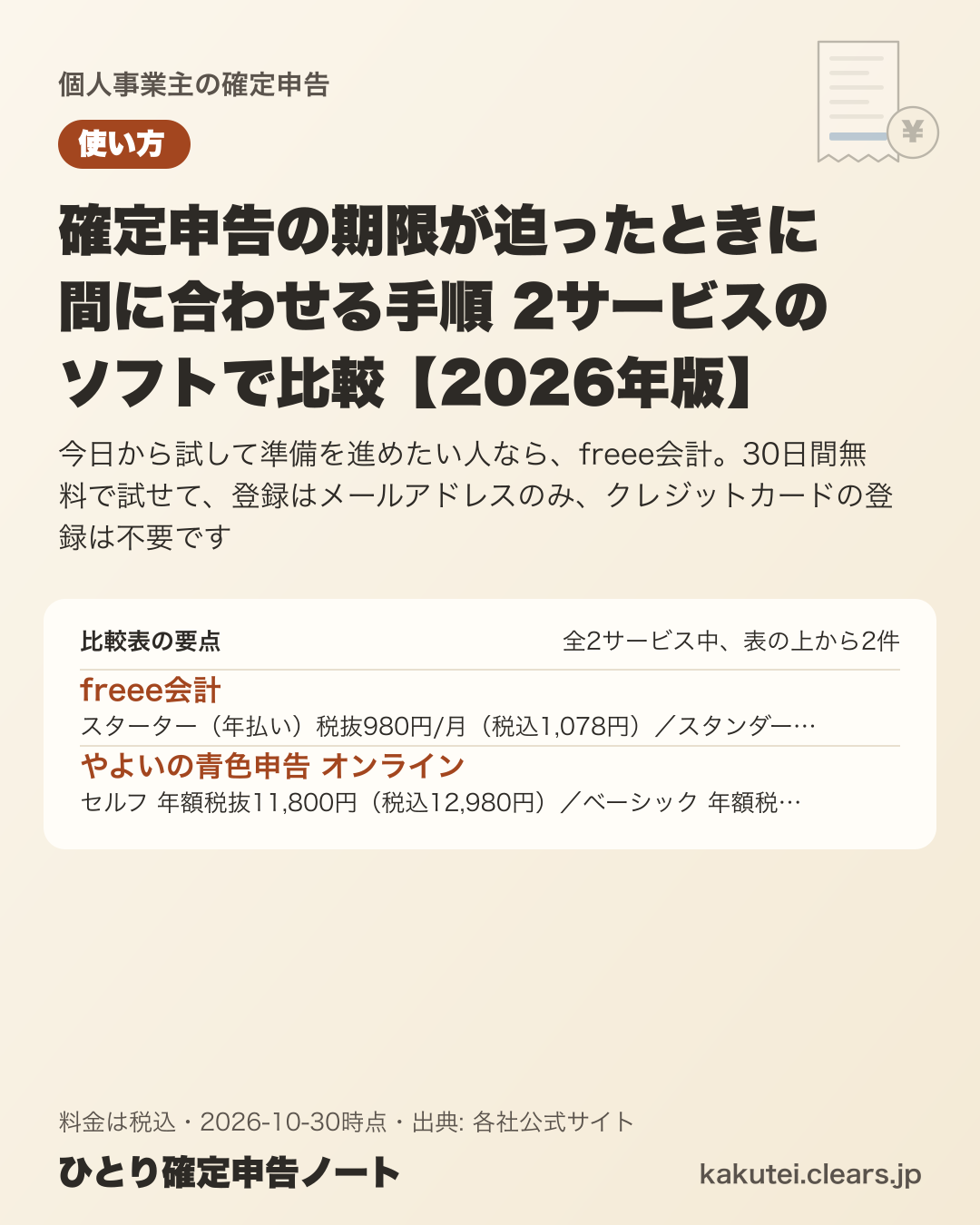 確定申告の期限が迫ったときに間に合わせる手順 2サービスのソフトで比較【2026年版】の比較表の要点