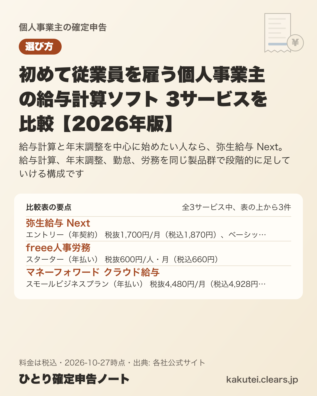 初めて従業員を雇う個人事業主の給与計算ソフト 3サービスを比較【2026年版】の比較表の要点
