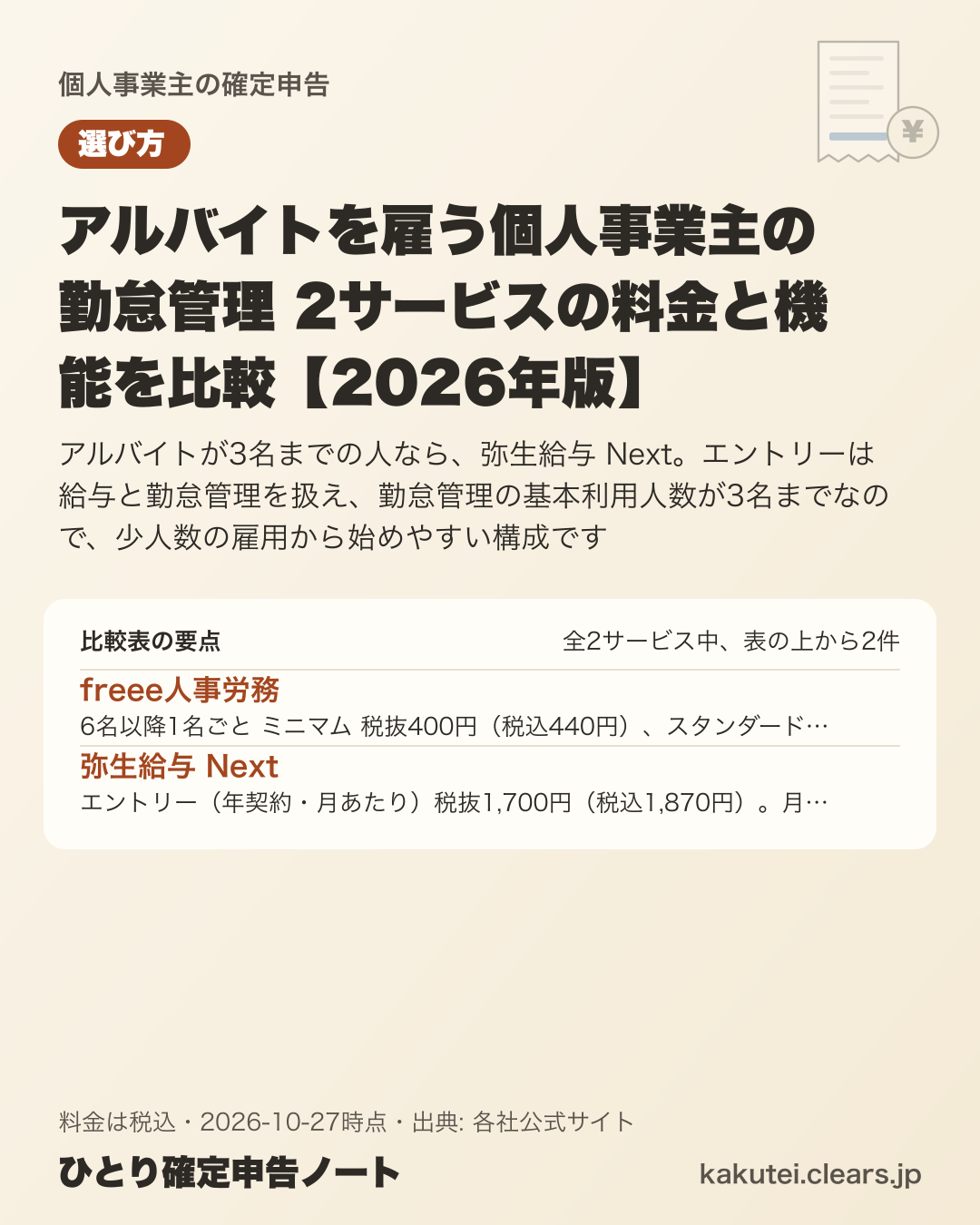 アルバイトを雇う個人事業主の勤怠管理 2サービスの料金と機能を比較【2026年版】の比較表の要点