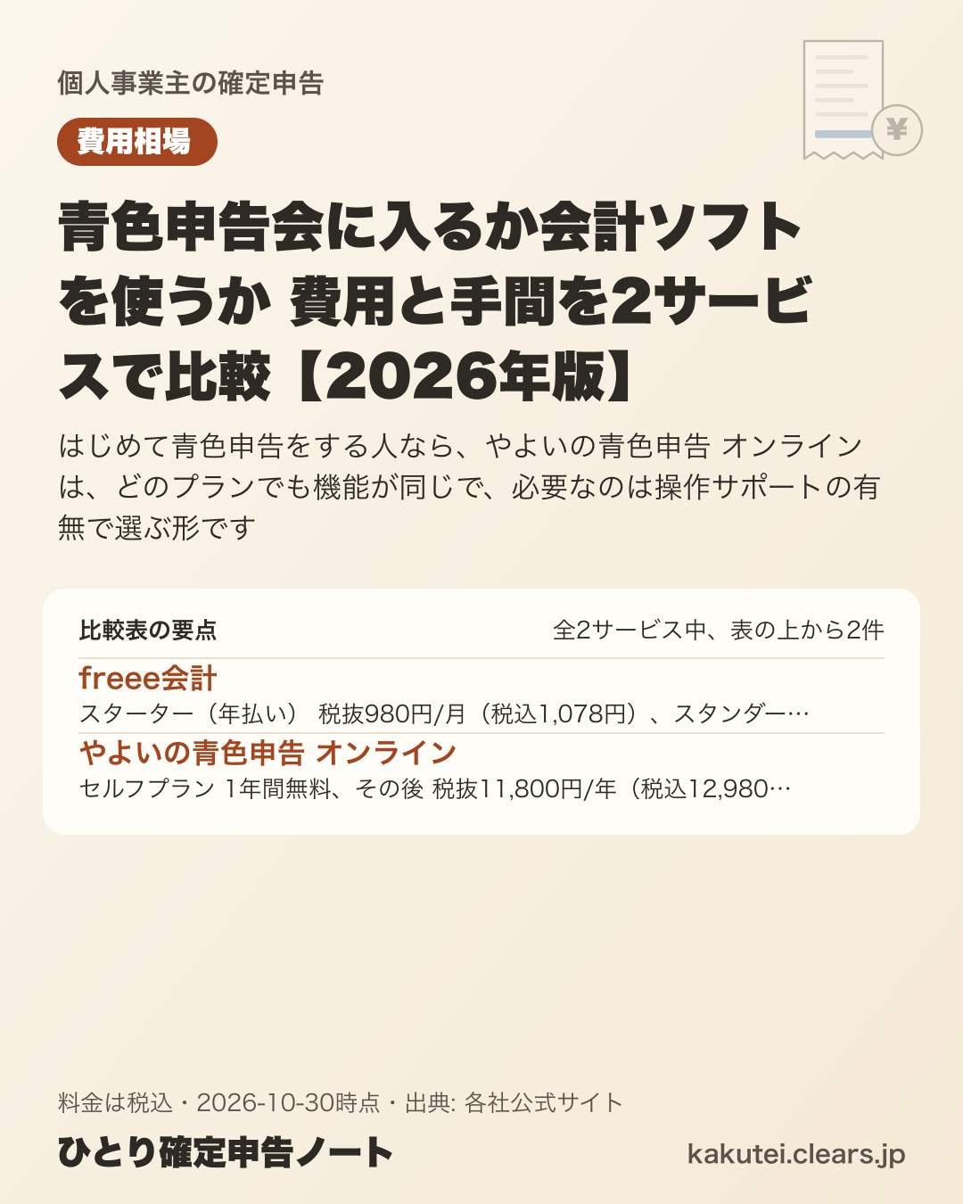 青色申告会に入るか会計ソフトを使うか 費用と手間を2サービスで比較【2026年版】の比較表の要点