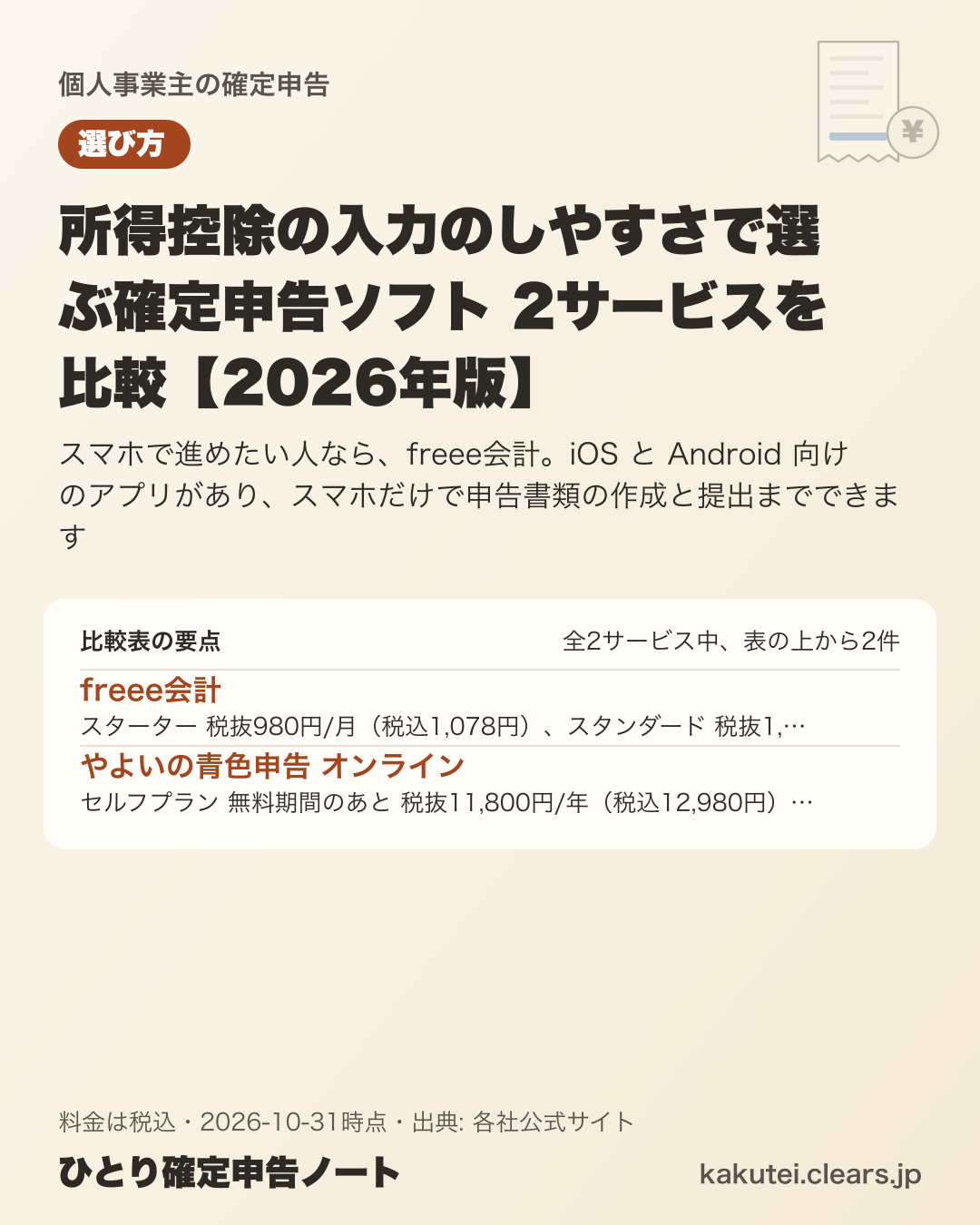 所得控除の入力のしやすさで選ぶ確定申告ソフト 2サービスを比較【2026年版】の比較表の要点