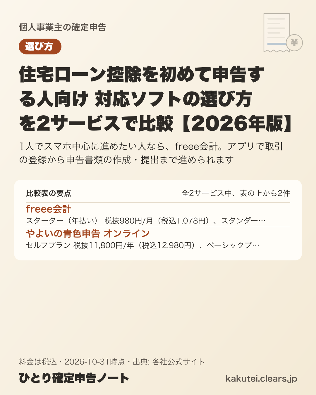 住宅ローン控除を初めて申告する人向け 対応ソフトの選び方を2サービスで比較【2026年版】の比較表の要点