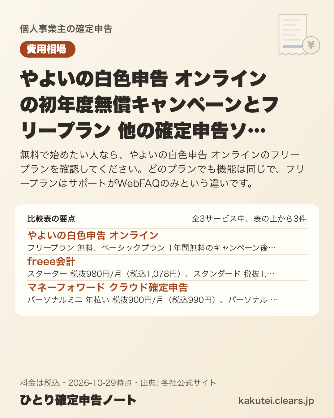 やよいの白色申告 オンラインの初年度無償キャンペーンとフリープラン 他の確定申告ソフトと3サービスで比較【2026年版】の比較表の要点